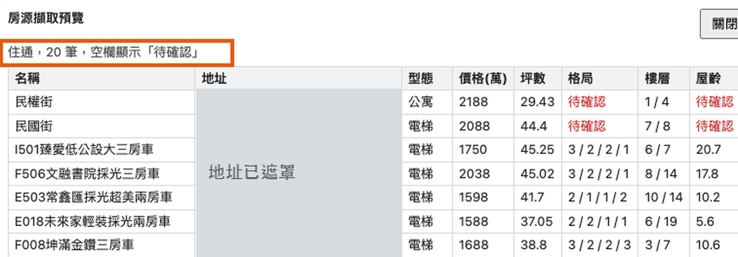 住通房源擷取預覽，地址欄已遮罩，橘框標示筆數
