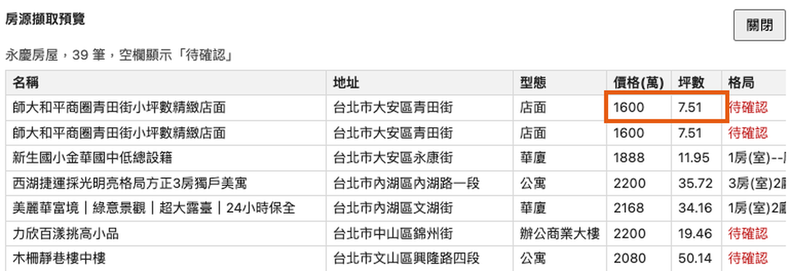 永慶房源擷取預覽，第一列價格與坪數以橘框標示